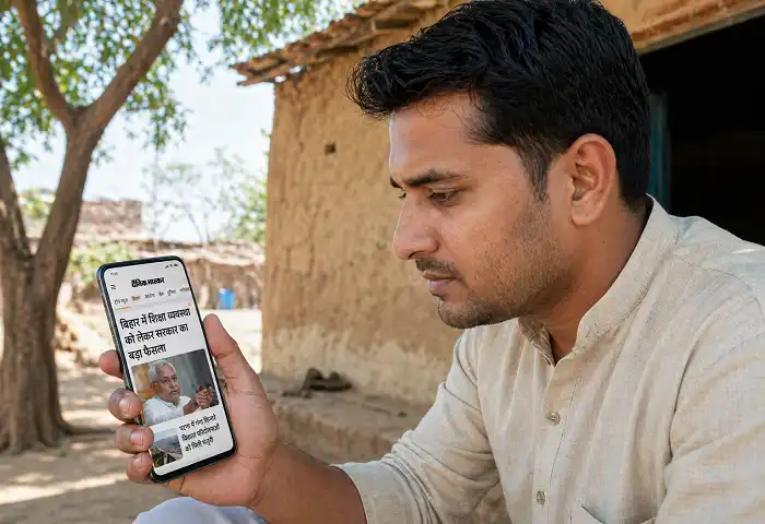 Indian man reading Hindi news smartphone rural Bihar