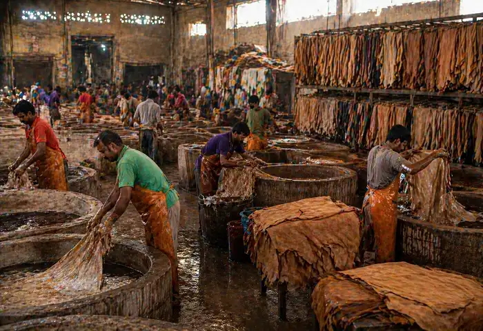 Kanpur tannery workers processing leather hides
