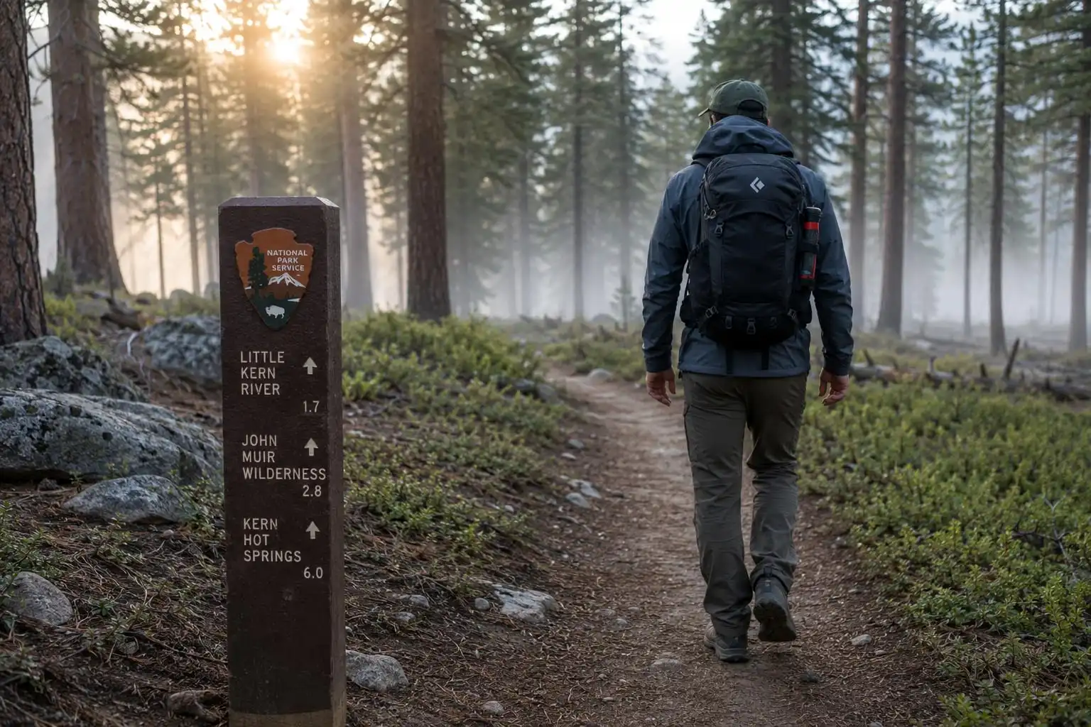 Solo hiker with bear spray holstered on the hip belt walking a pine forest trail near a national park sign