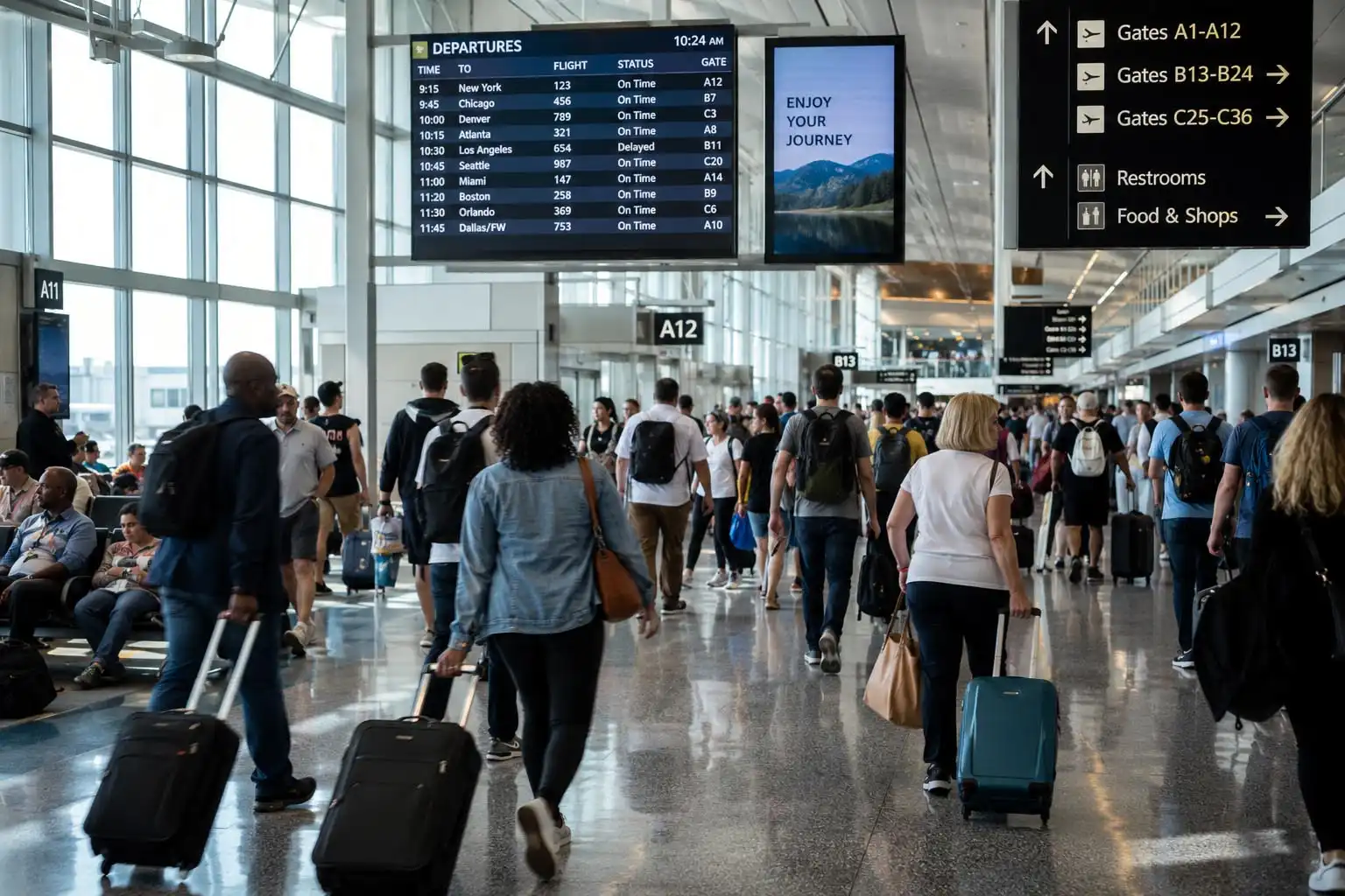 Crowded American airport terminal with travelers, rolling suitcases, and digital flight boards showing summer departures