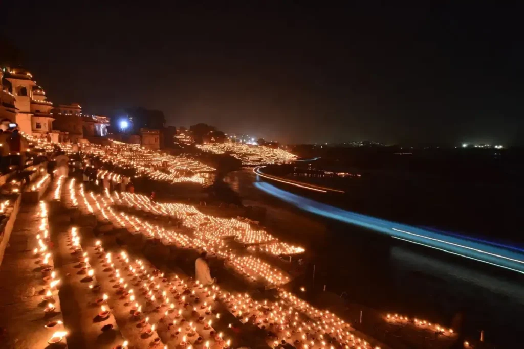 Thousands of earthen diyas lit along the Saryu River ghats during Deepotsav in Ayodhya