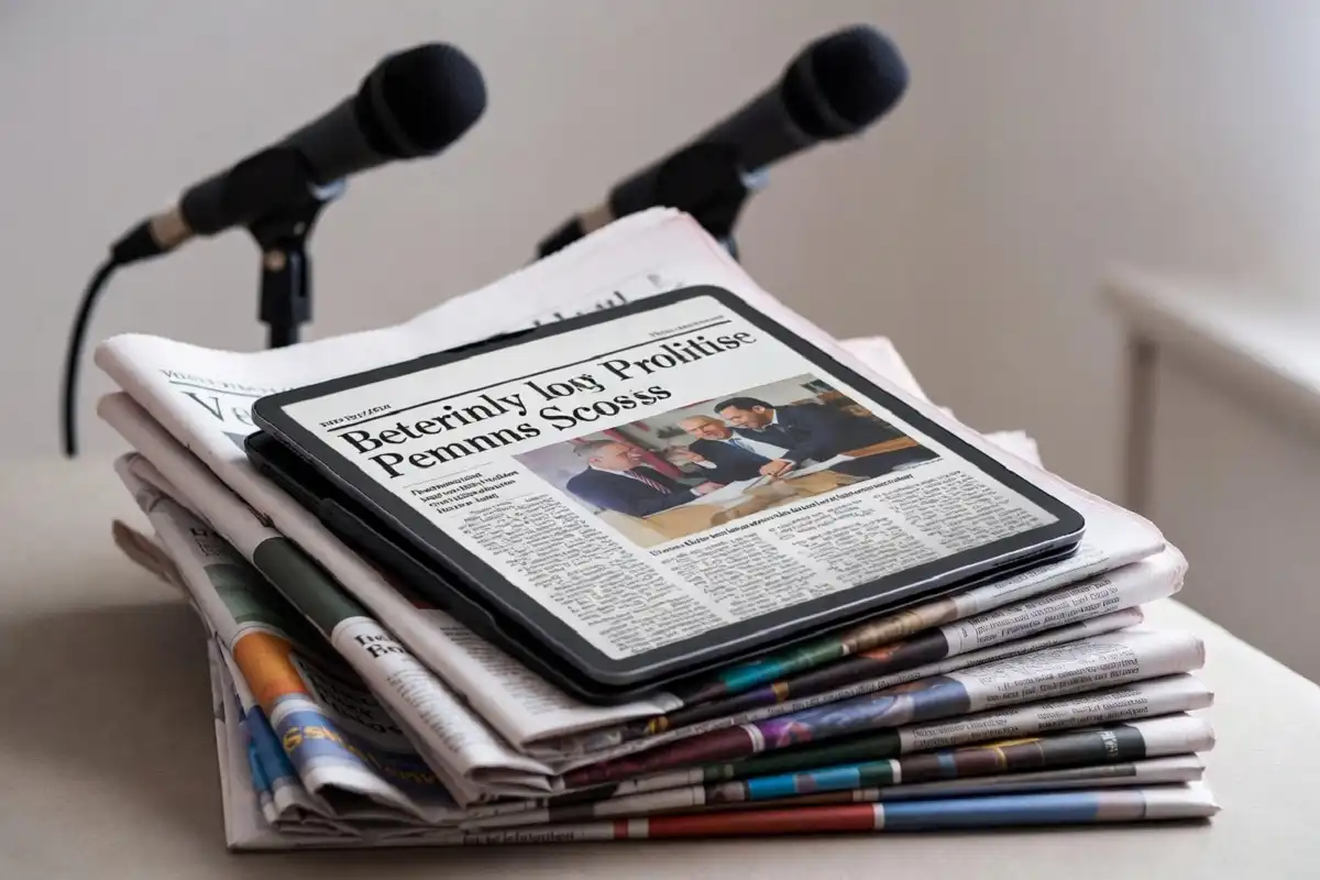 Stack of newspapers and screens showing media coverage of Dharmasthala news