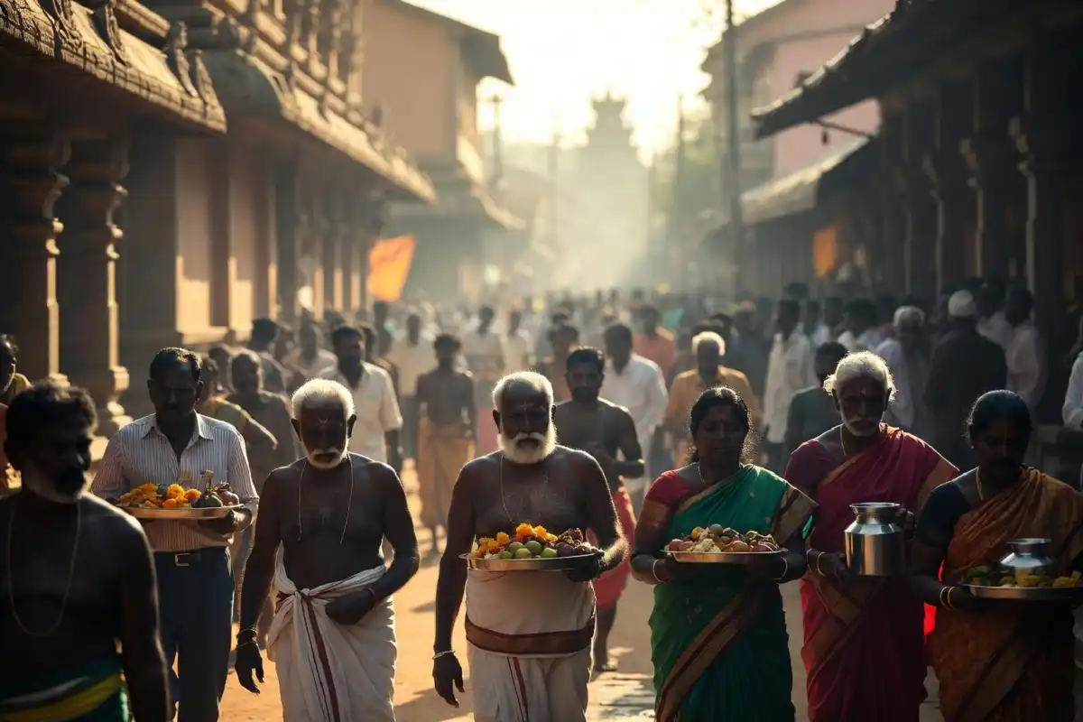 Pilgrims walking near a temple town representing the broader Dharmasthala community