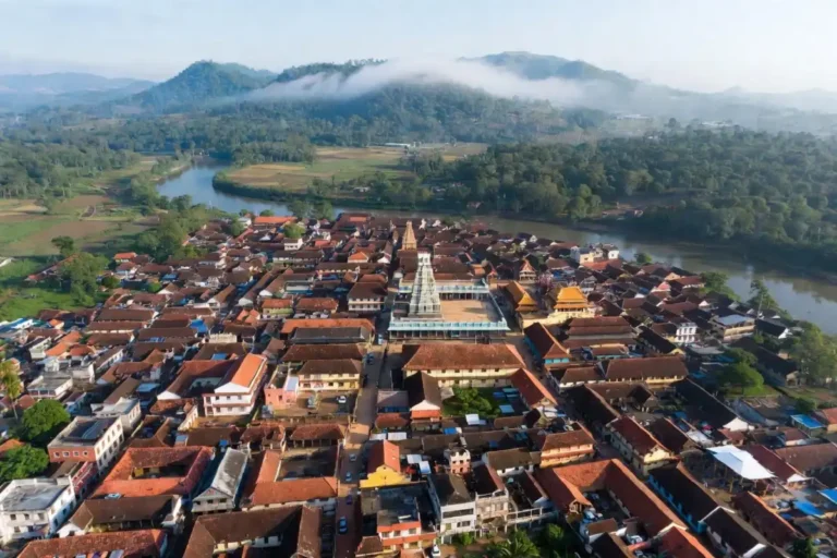 Aerial view of Dharmasthala temple town representing the latest Dharmasthala news