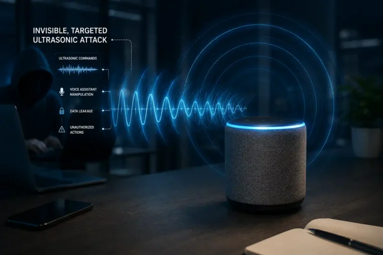 Illustration of ultrasonic dolphin attack news targeting a voice assistant device