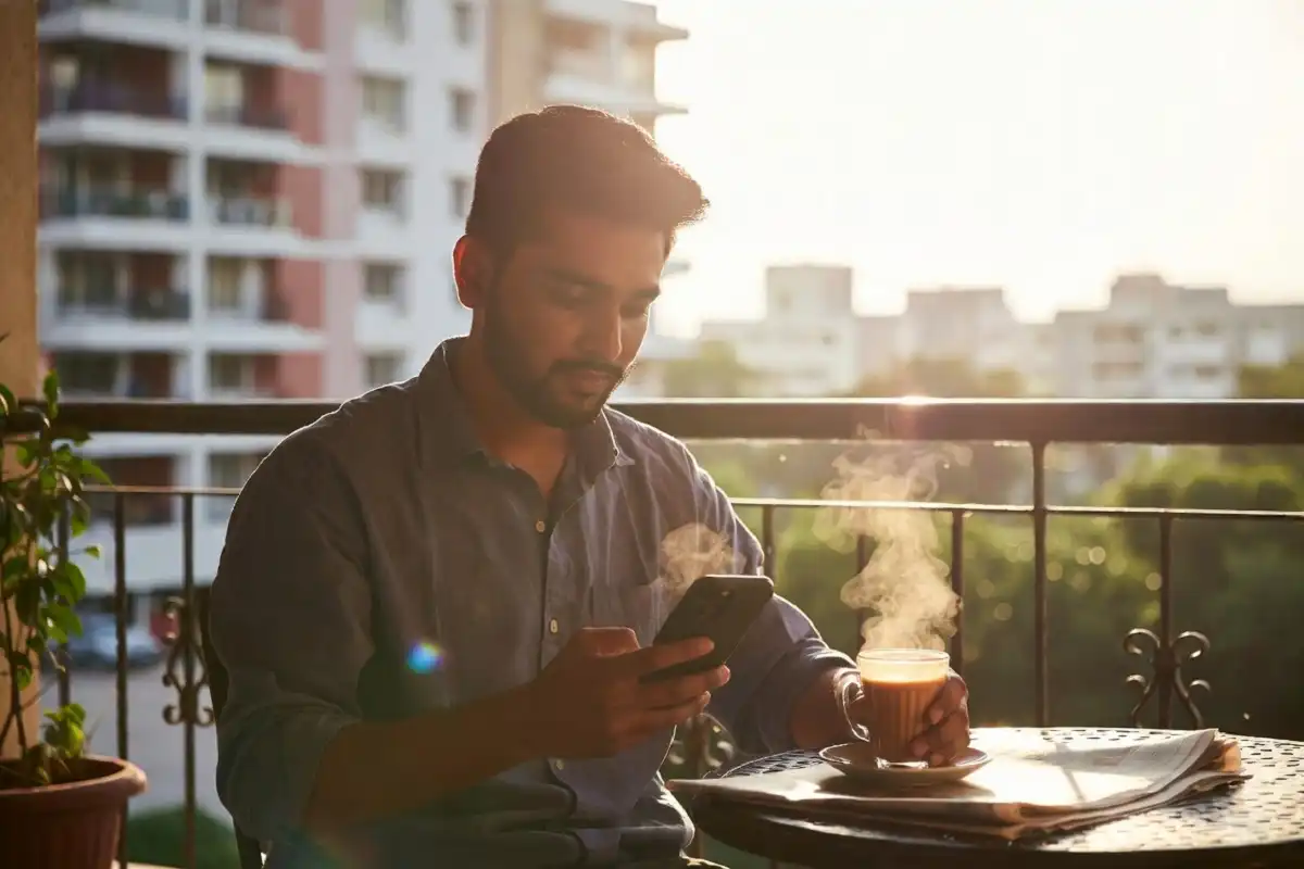Indian reader following Hindi news insider habits on a smartphone in the morning