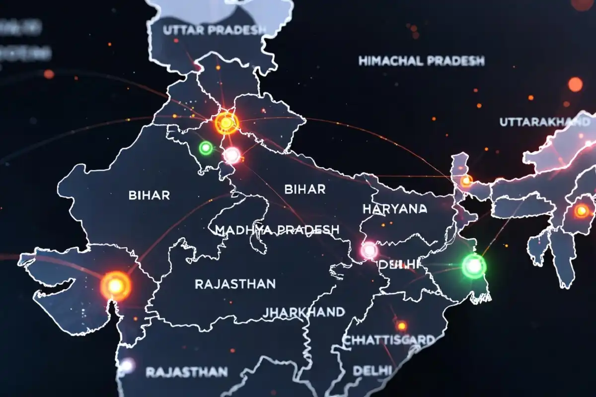 Map of India highlighting major Hindi news hubs including UP, Bihar, MP, and Rajasthan