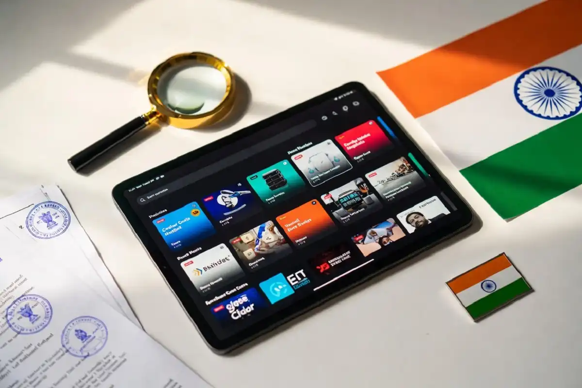 Indian OTT industry under regulation in 2026 with multiple streaming app icons and policy backdrop