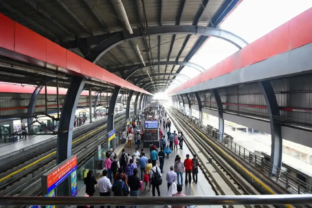 Jaipur metro station platform with commuters during daytime