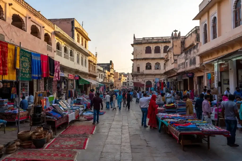 Colorful Jaipur street market with textiles and handicrafts near Johari Bazaar