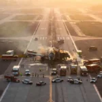 Breaking plane crash news — aerial view of crash investigation at airport