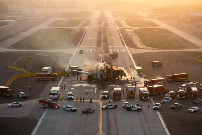 Breaking plane crash news — aerial view of crash investigation at airport