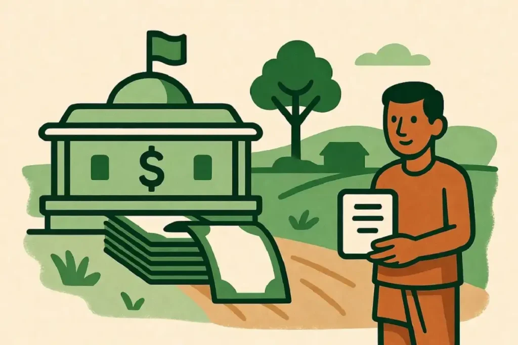 Direct Benefit Transfer illustration showing PM Kisan funds reaching farmer bank accounts