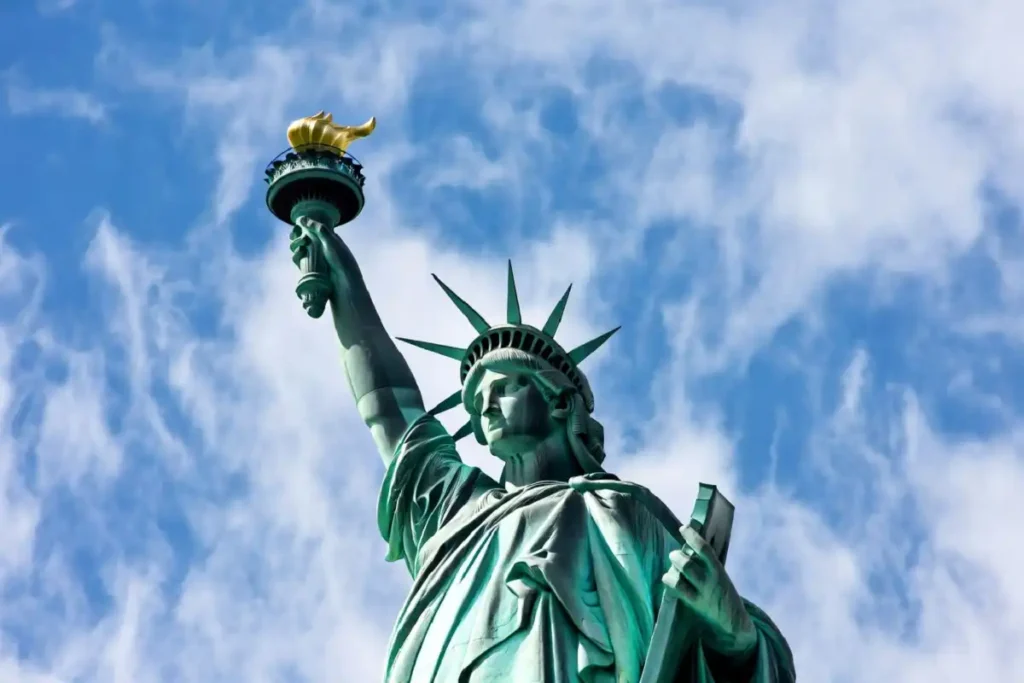 View from the crown of the Statue of Liberty overlooking New York Harbor