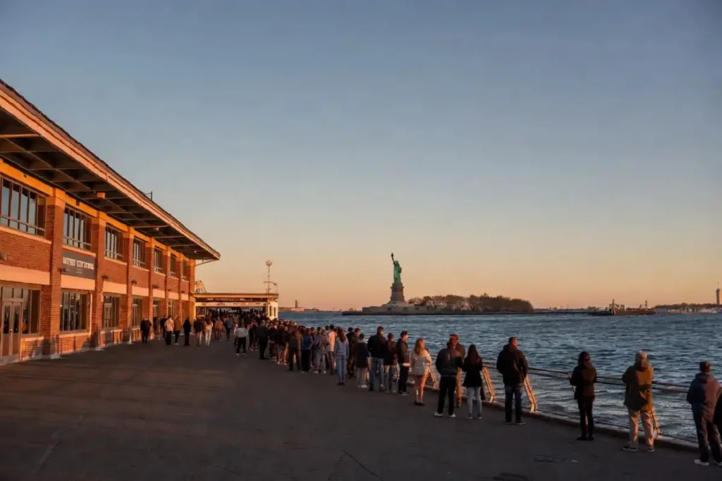 Visitors boarding a ferry at Battery Park to visit the Statue of Liberty