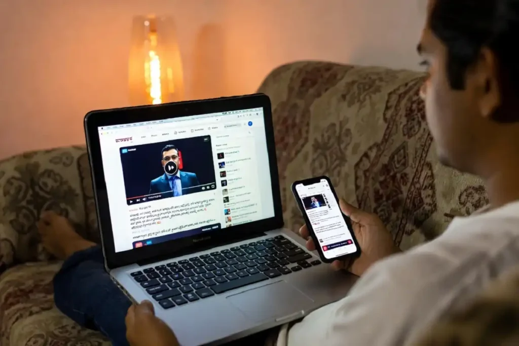 Person watching Suvarna News Live on a mobile phone and laptop streaming platform