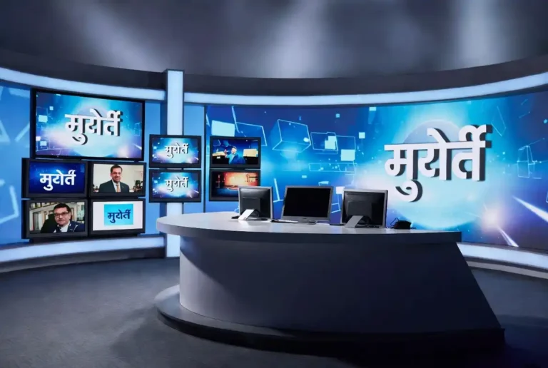 TV9 Marathi live news studio with anchor broadcasting Maharashtra news