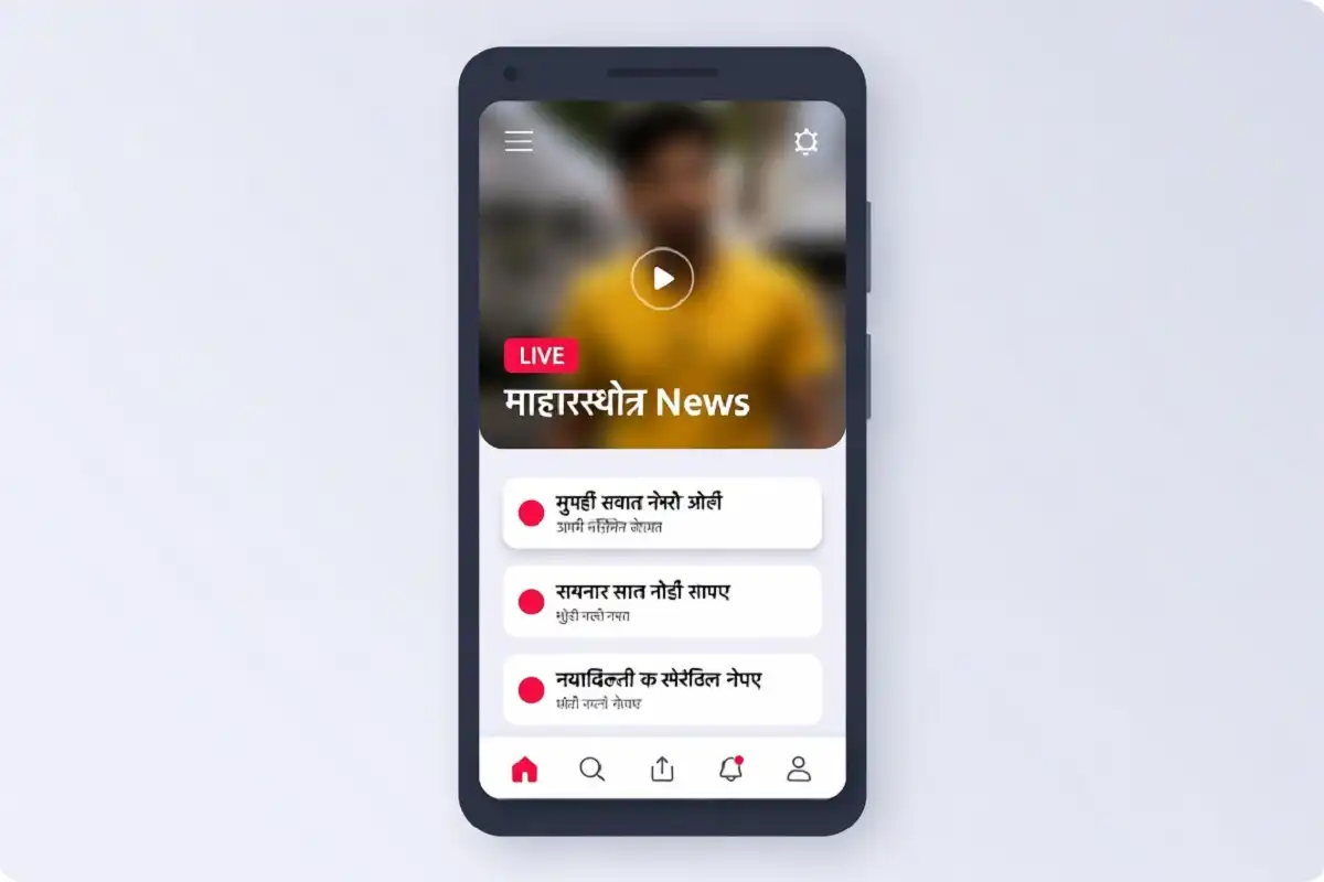 TV9 Marathi news app interface showing live broadcast and headlines